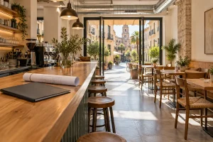 Cafetería preparada para abrir con planos en el mostrador: licencia de actividad en Málaga