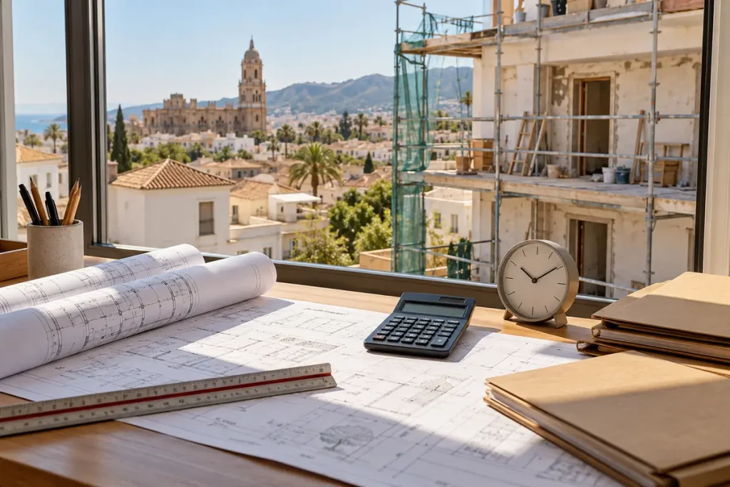 Planos, calculadora y reloj junto a una obra: cuánto cuesta una licencia de obra en Málaga y cuánto tarda