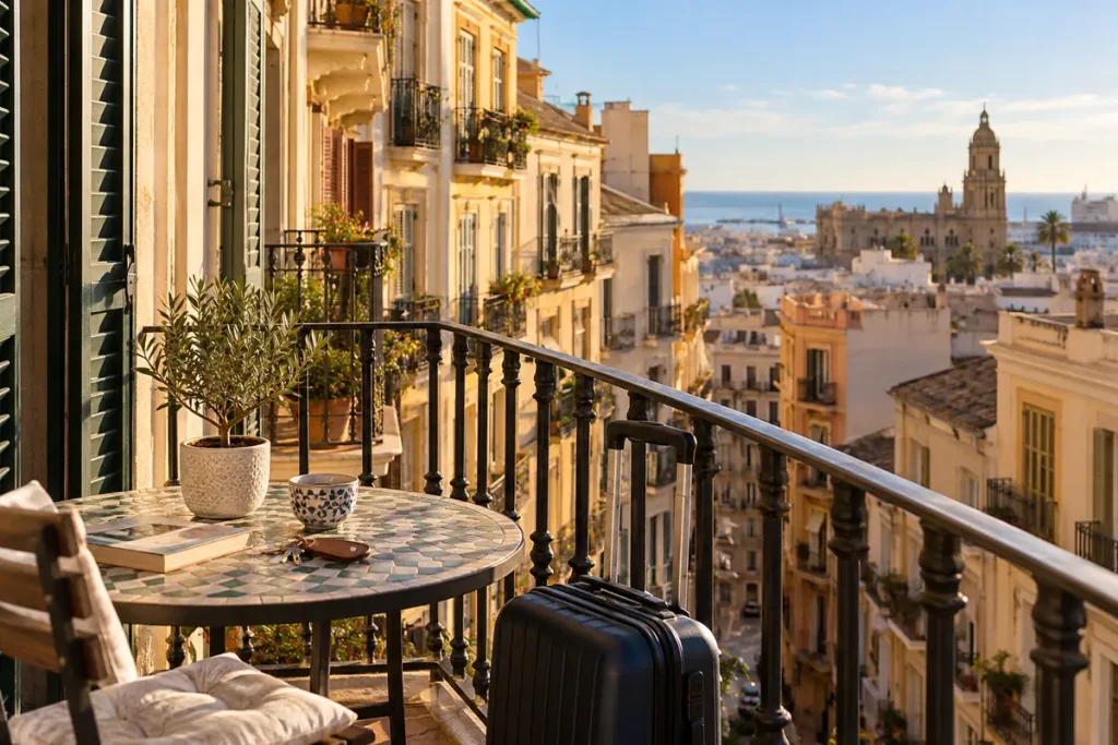 Apartamento turístico con balcón y maleta en el centro: viviendas turísticas en Málaga 2026